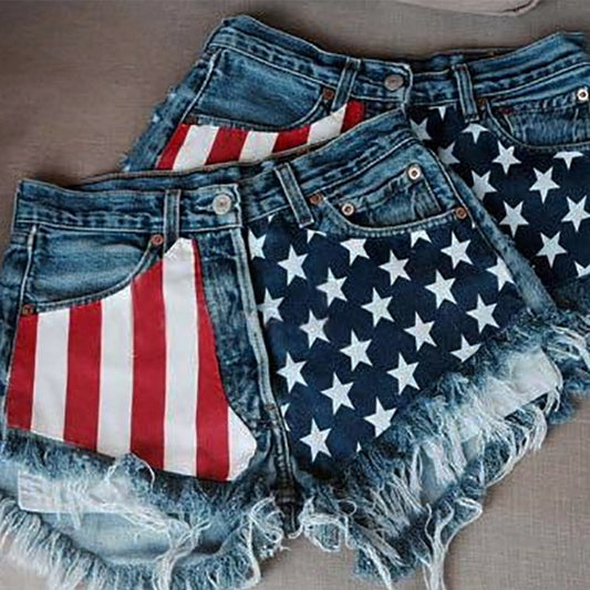 God Bless the USA  Women New Fashion Hight Waisted Tassel Jeans Shorts USA Flag Printed Short Blue Jeans