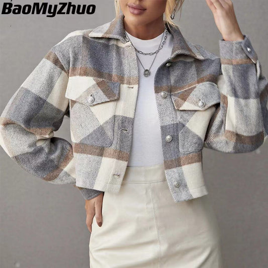 Women's Fall Collection  New Winter Jackets Women Coat Lapel Plaid Single-Breasted Woolen Short Coat Autumn Plaid Print Drop Shoulder Crop Overcoat