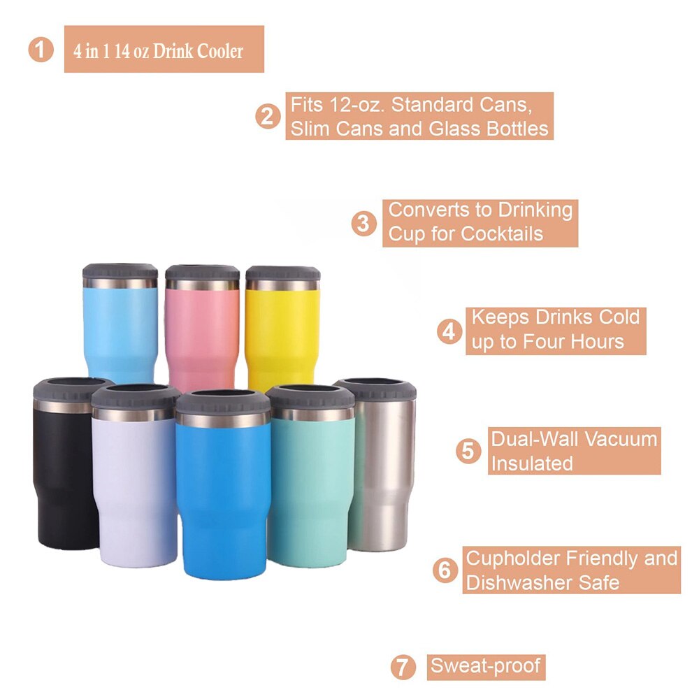 Tumblers 4 in 1 Insulated Drink Cooler Non-slip Double-walled Stainless Steel Bottle Vacuum Beer Cooler, Skinny Can Cooler