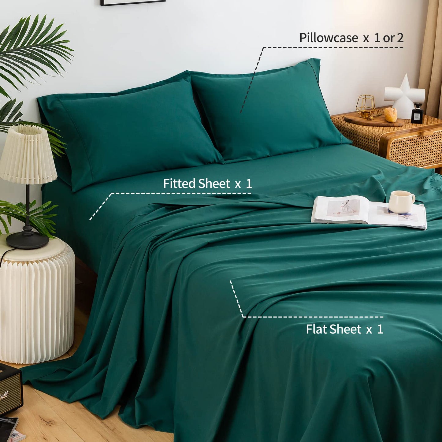 4PC Bedding Sheets Set Deep Pockets 16 inch Eco Friendly Wrinkle Free Sheets Machine Washable Hotel Bedding Set Queen King Size