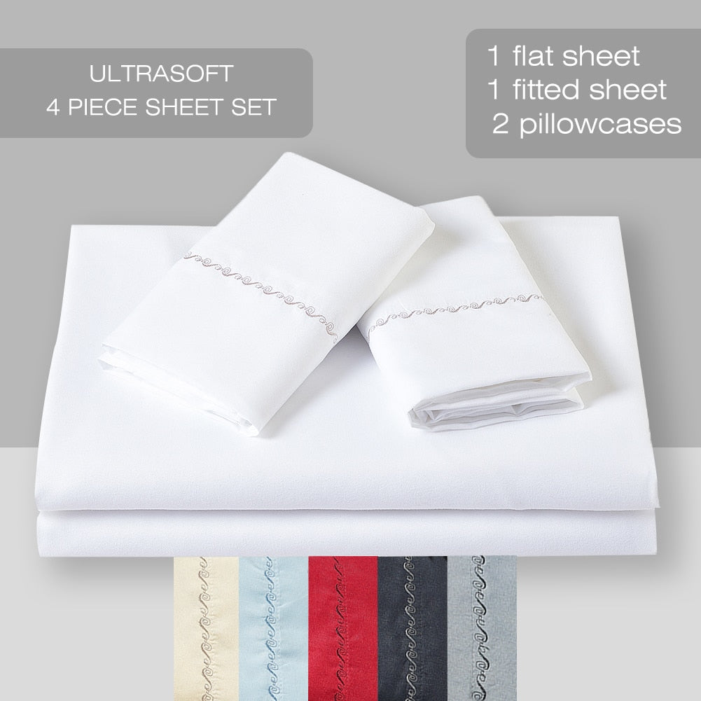 4PC Queen Microfiber Bed Sheets Set Flat Fitted Sheet with Pillowcases 90gsm Soft Home Bedsheets Deep Pockets Fit 14-17 Mattress