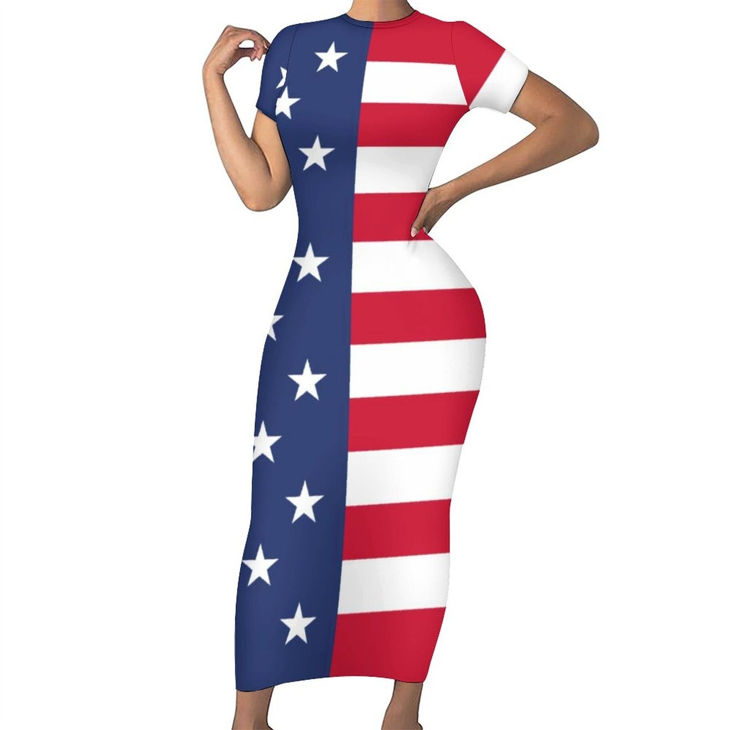 God Bless America USA Flag Print Dress Short Sleeve July 4th Street Fashion Maxi Dresses Sexy Bodycon Dress Design Oversized Vestidos