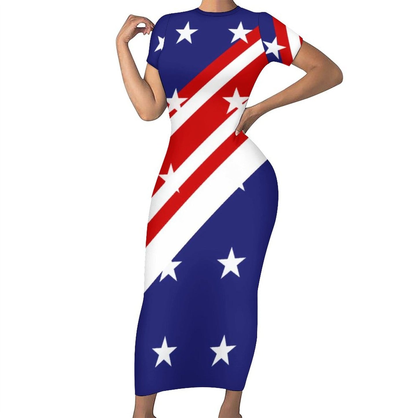 God Bless America USA Flag Print Dress Short Sleeve July 4th Street Fashion Maxi Dresses Sexy Bodycon Dress Design Oversized Vestidos