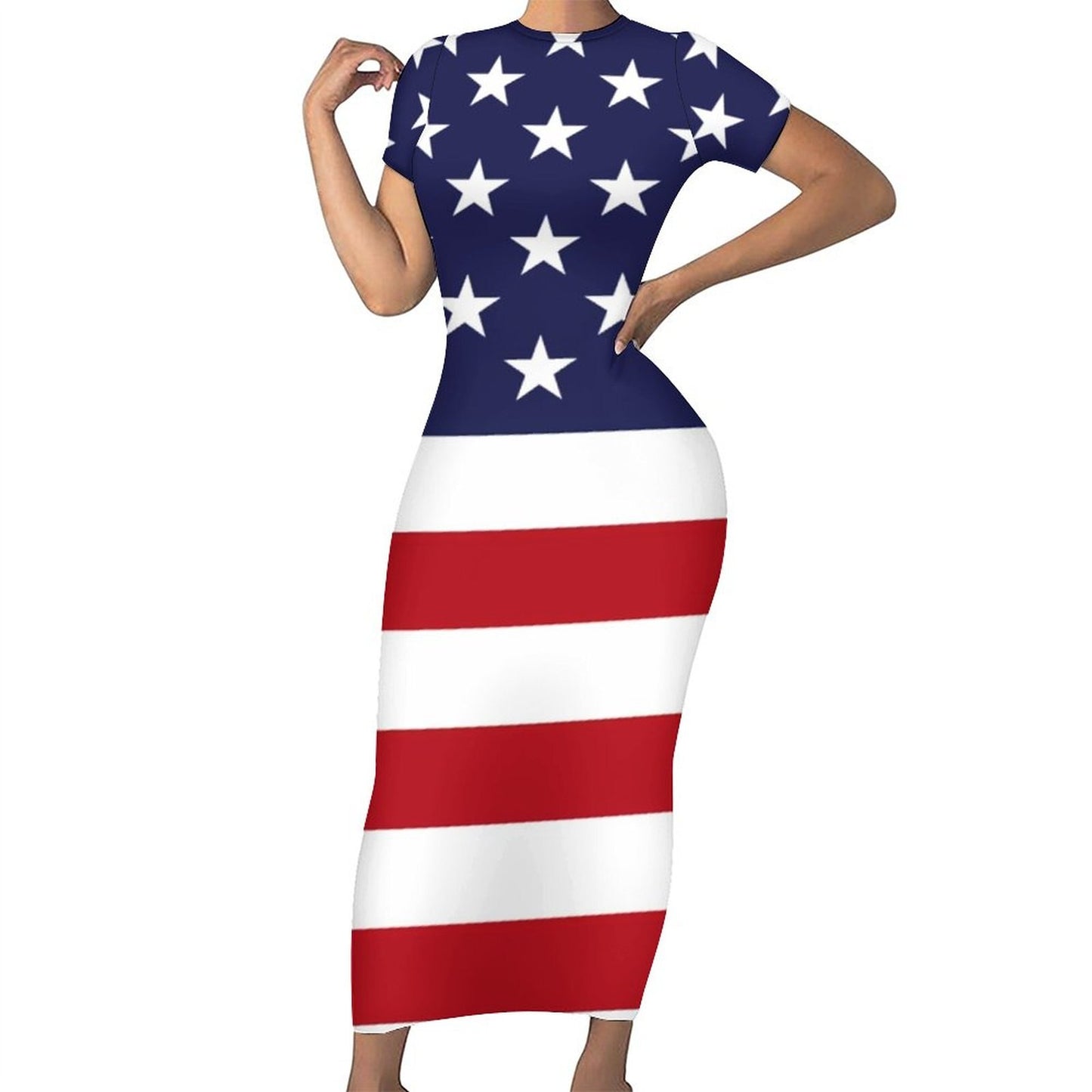 God Bless America USA Flag Print Dress Short Sleeve July 4th Street Fashion Maxi Dresses Sexy Bodycon Dress Design Oversized Vestidos