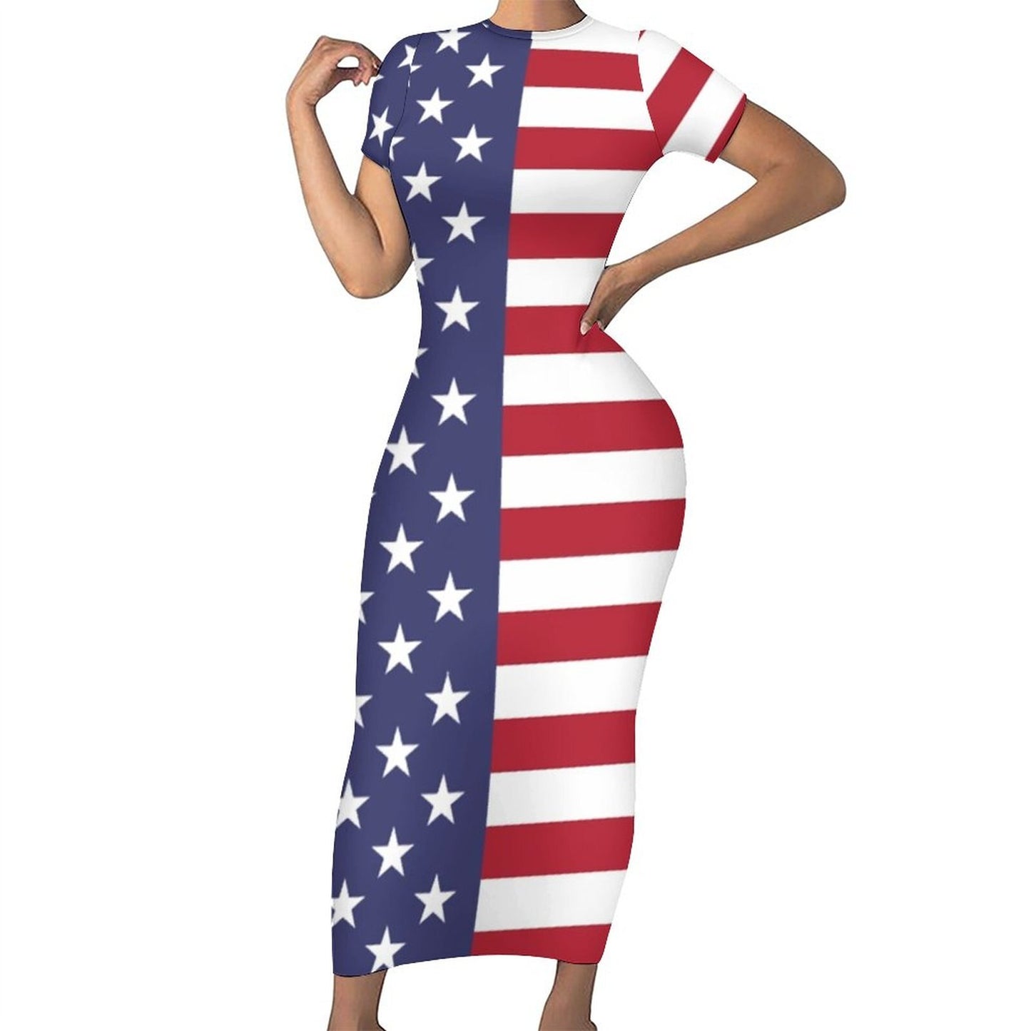 God Bless America USA Flag Print Dress Short Sleeve July 4th Street Fashion Maxi Dresses Sexy Bodycon Dress Design Oversized Vestidos