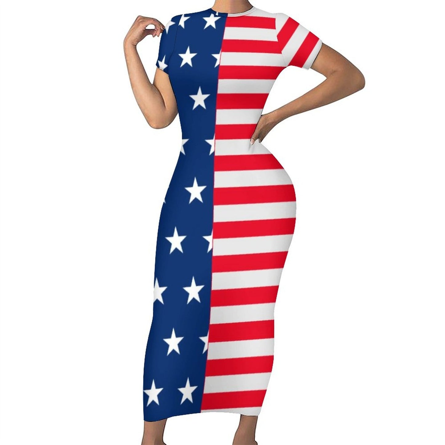 God Bless America USA Flag Print Dress Short Sleeve July 4th Street Fashion Maxi Dresses Sexy Bodycon Dress Design Oversized Vestidos