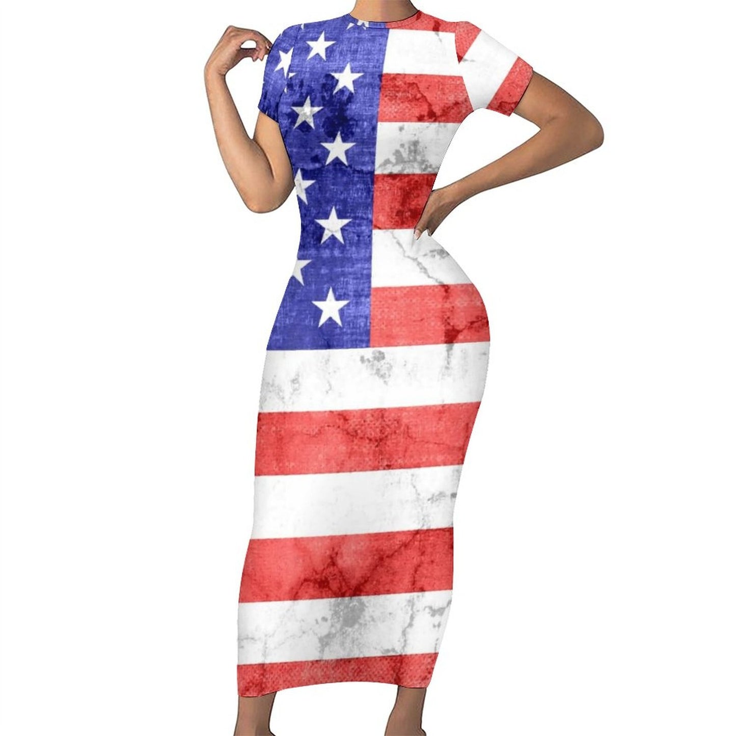 God Bless America USA Flag Print Dress Short Sleeve July 4th Street Fashion Maxi Dresses Sexy Bodycon Dress Design Oversized Vestidos