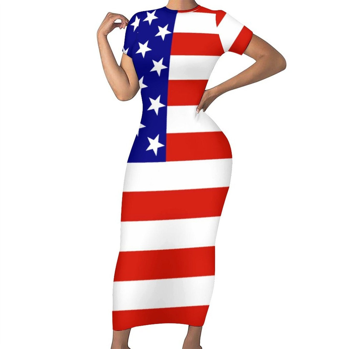 God Bless America USA Flag Print Dress Short Sleeve July 4th Street Fashion Maxi Dresses Sexy Bodycon Dress Design Oversized Vestidos