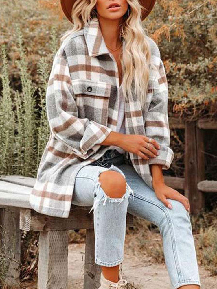 Autumn Plaid Jackets Coats Women Long Winter Coat Female Checkered Jacket Women Flannel Shirt Jackets Loose Overshirt 2023