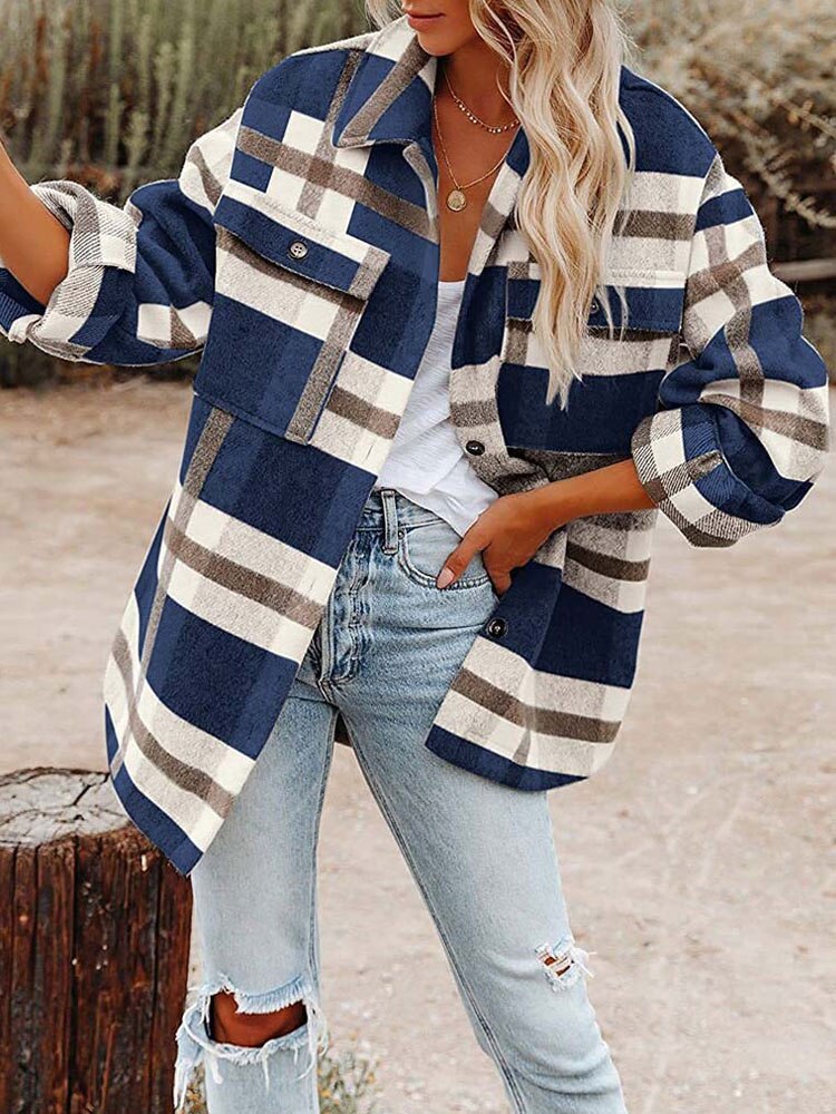 Autumn Plaid Jackets Coats Women Long Winter Coat Female Checkered Jacket Women Flannel Shirt Jackets Loose Overshirt 2023