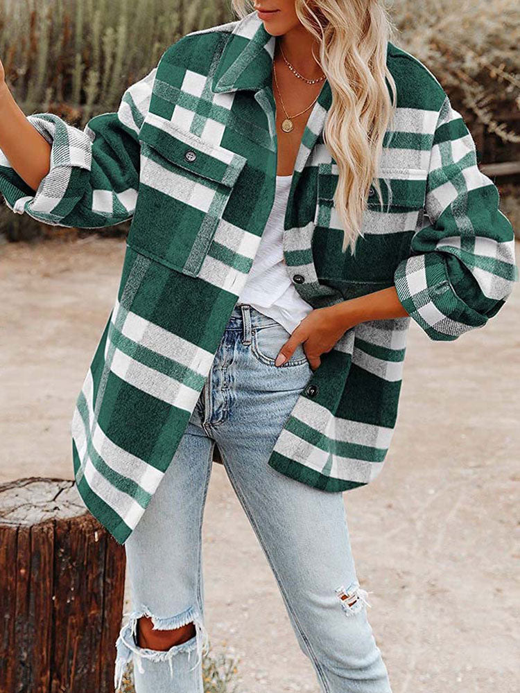 Autumn Plaid Jackets Coats Women Long Winter Coat Female Checkered Jacket Women Flannel Shirt Jackets Loose Overshirt 2023