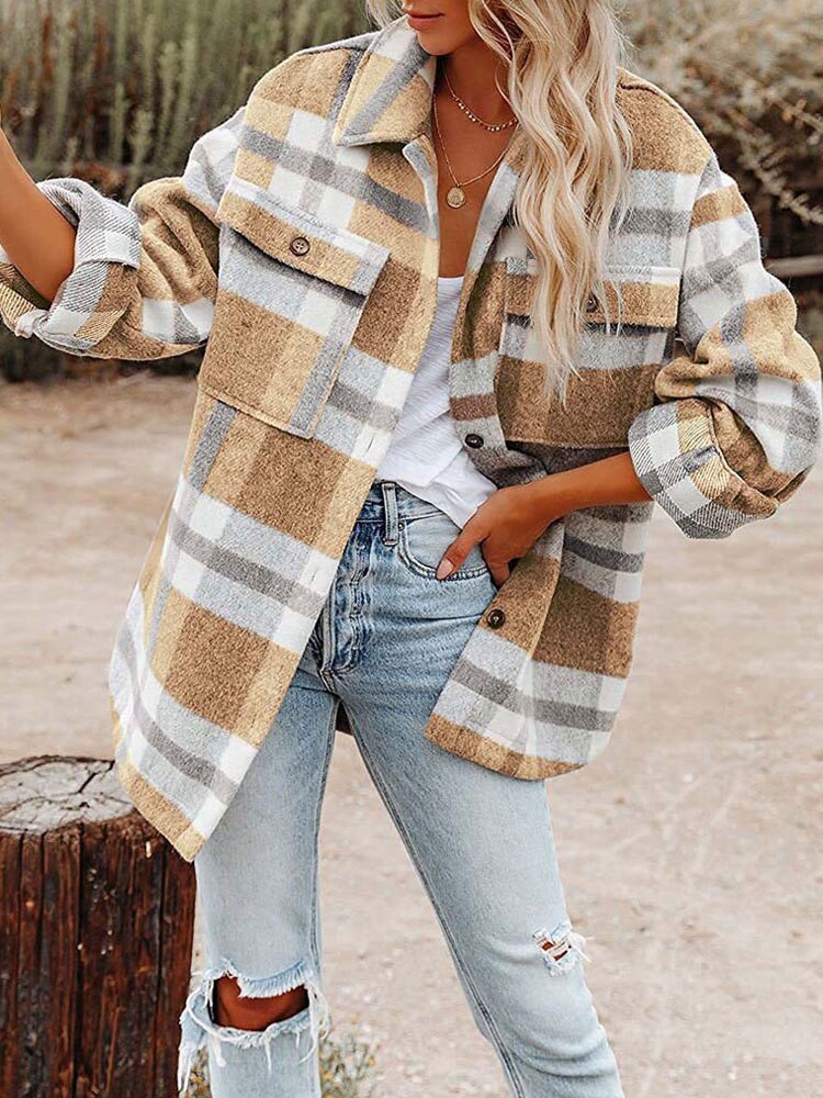 Autumn Plaid Jackets Coats Women Long Winter Coat Female Checkered Jacket Women Flannel Shirt Jackets Loose Overshirt 2023