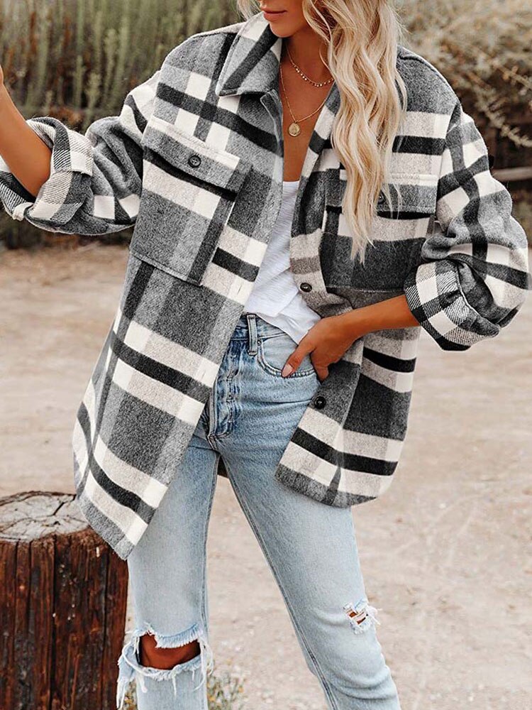 Autumn Plaid Jackets Coats Women Long Winter Coat Female Checkered Jacket Women Flannel Shirt Jackets Loose Overshirt 2023