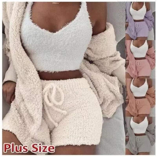 Women's Fall Collection Autumn Winter 3 Piece Fluffy Outfits Plush Sexy Backless Fleece Pyjamas Women Casual Sports Sweatshirt Home Wear Sets Tracksuit