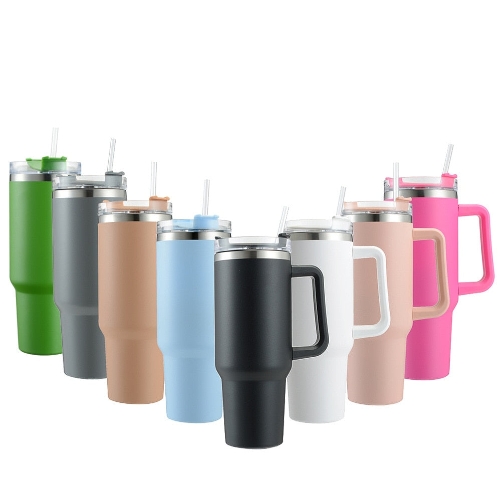 Tumblers  BPA FREE Café Insulated Tumbler Straw Stainless Steel Coffee Thermos Cup In-Car  40oz Mug With Handle