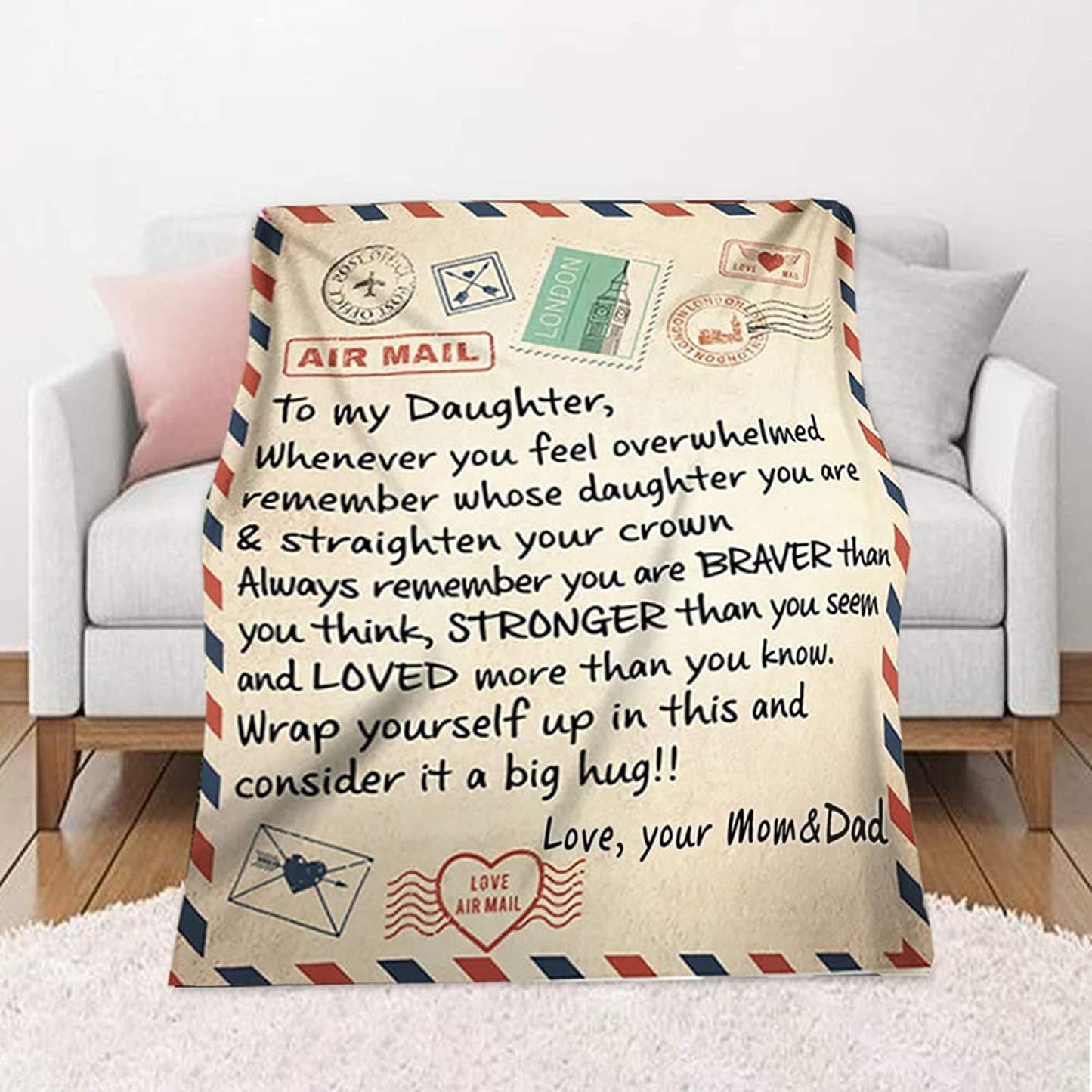 Flannel Blanket To My Daughter Letter Printed Stamp Quilts Dad Mom For Daughter&#39;s Air Mail Blanket Positive Encourage Love Gift