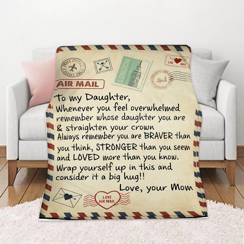 Flannel Blanket To My Daughter Letter Printed Stamp Quilts Dad Mom For Daughter&#39;s Air Mail Blanket Positive Encourage Love Gift