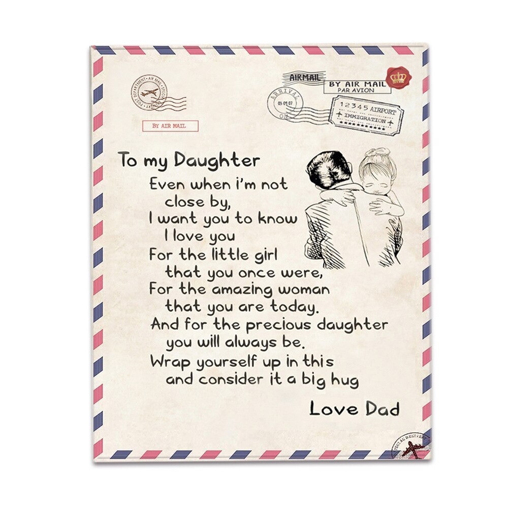 Flannel Blanket To My Daughter Letter Printed Stamp Quilts Dad Mom For Daughter&#39;s Air Mail Blanket Positive Encourage Love Gift