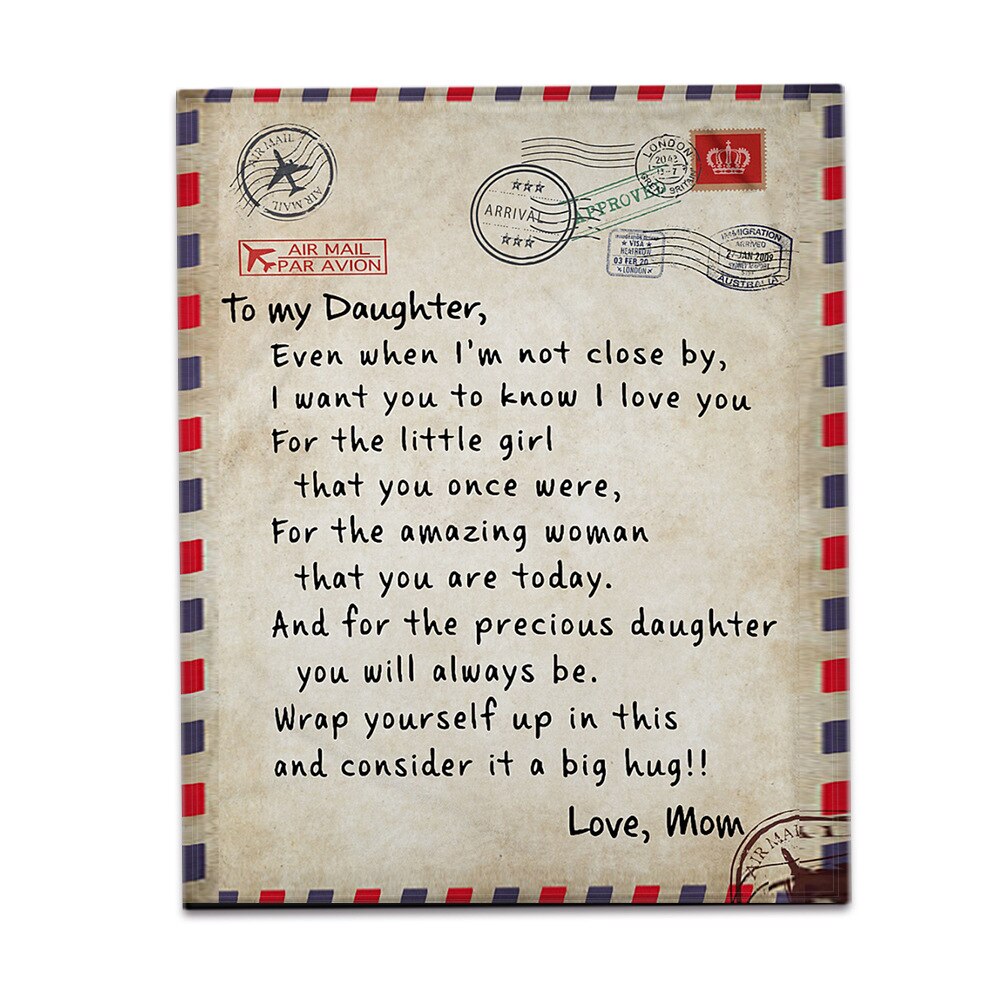 Flannel Blanket To My Daughter Letter Printed Stamp Quilts Dad Mom For Daughter&#39;s Air Mail Blanket Positive Encourage Love Gift