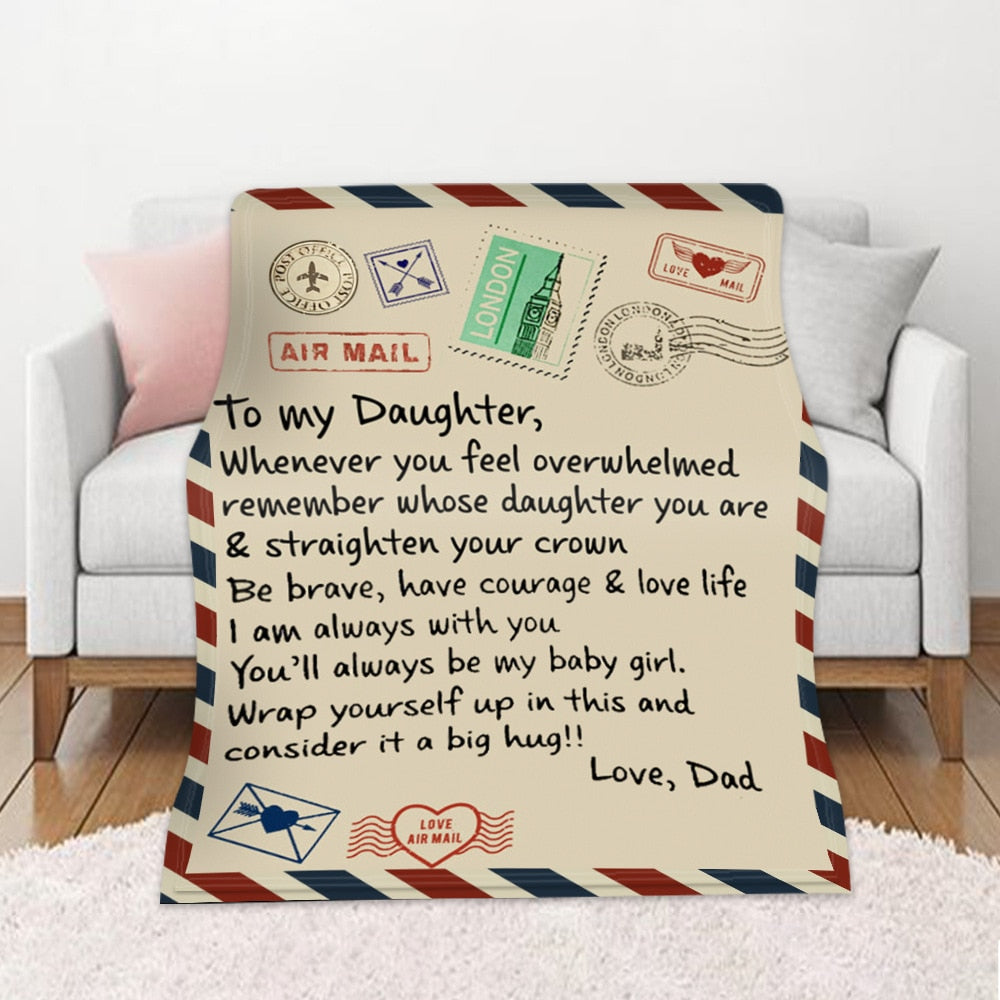 Flannel Blanket To My Daughter Letter Printed Stamp Quilts Dad Mom For Daughter&#39;s Air Mail Blanket Positive Encourage Love Gift