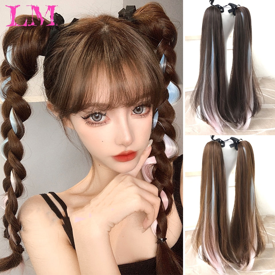 Hair Extensions LM Long Straight Ponytail Tied to the Hair Extension Brown Blue Powder Highlighting Synthetic Hair Long Ponytail Heat-Resistant