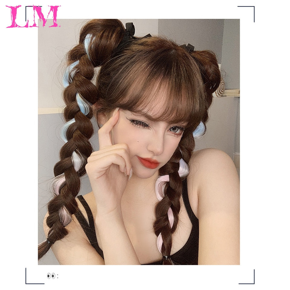 Hair Extensions LM Long Straight Ponytail Tied to the Hair Extension Brown Blue Powder Highlighting Synthetic Hair Long Ponytail Heat-Resistant