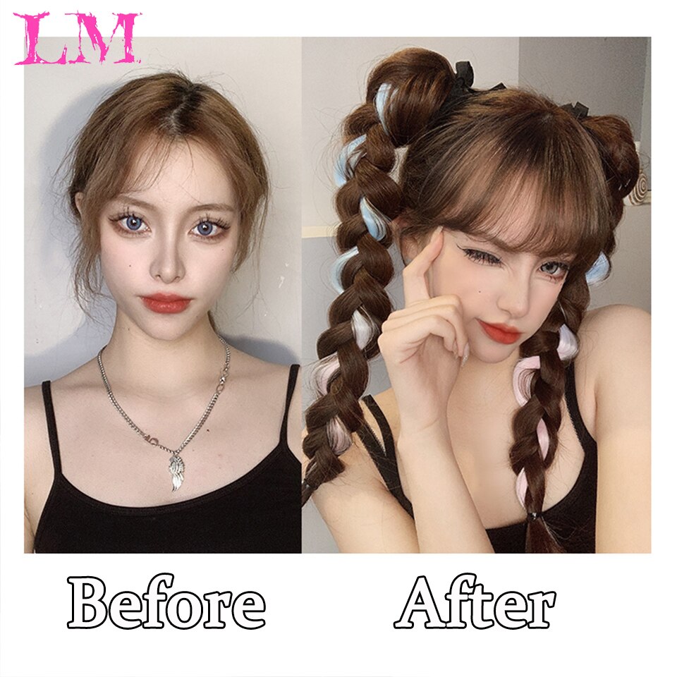 Hair Extensions LM Long Straight Ponytail Tied to the Hair Extension Brown Blue Powder Highlighting Synthetic Hair Long Ponytail Heat-Resistant