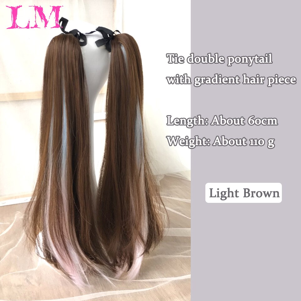 Hair Extensions LM Long Straight Ponytail Tied to the Hair Extension Brown Blue Powder Highlighting Synthetic Hair Long Ponytail Heat-Resistant