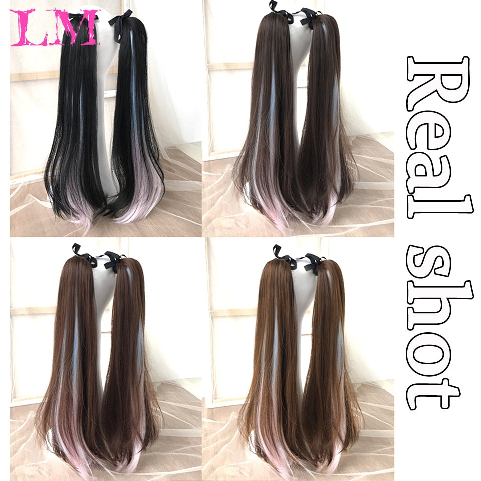 Hair Extensions LM Long Straight Ponytail Tied to the Hair Extension Brown Blue Powder Highlighting Synthetic Hair Long Ponytail Heat-Resistant