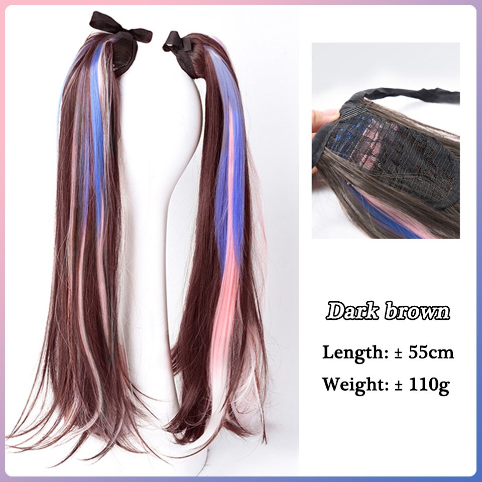 Hair Extensions LM Long Straight Ponytail Tied to the Hair Extension Brown Blue Powder Highlighting Synthetic Hair Long Ponytail Heat-Resistant