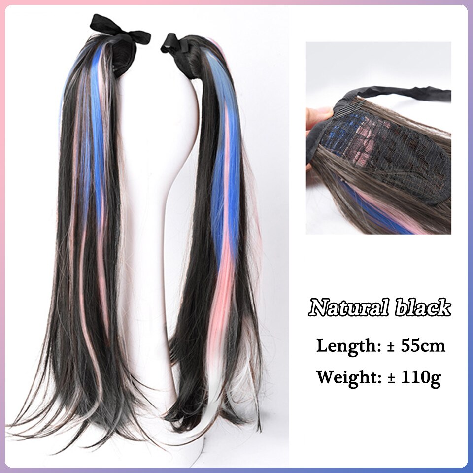 Hair Extensions LM Long Straight Ponytail Tied to the Hair Extension Brown Blue Powder Highlighting Synthetic Hair Long Ponytail Heat-Resistant