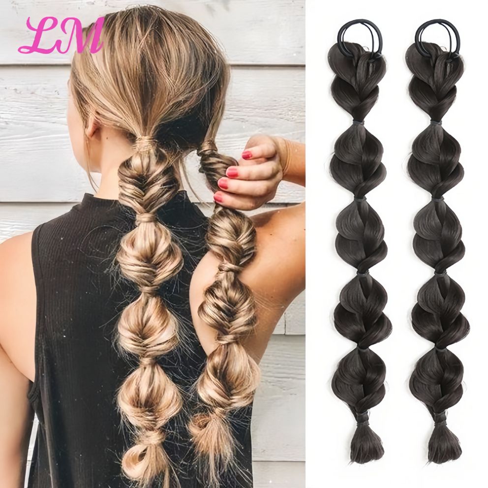 LM Synthetic Bubble Twist Ponytail High Elastic Wig Woman Hair Side Natural Lantern Braid Black Hous tail Hairpiece