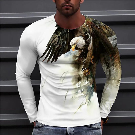 Men&#39;s Eagle Hand-painted Pattern Casual T-Shirts Long Sleeve Streetwear 3D Animal Printing Hip Hop Male Tops Tee Plus Size 6XL