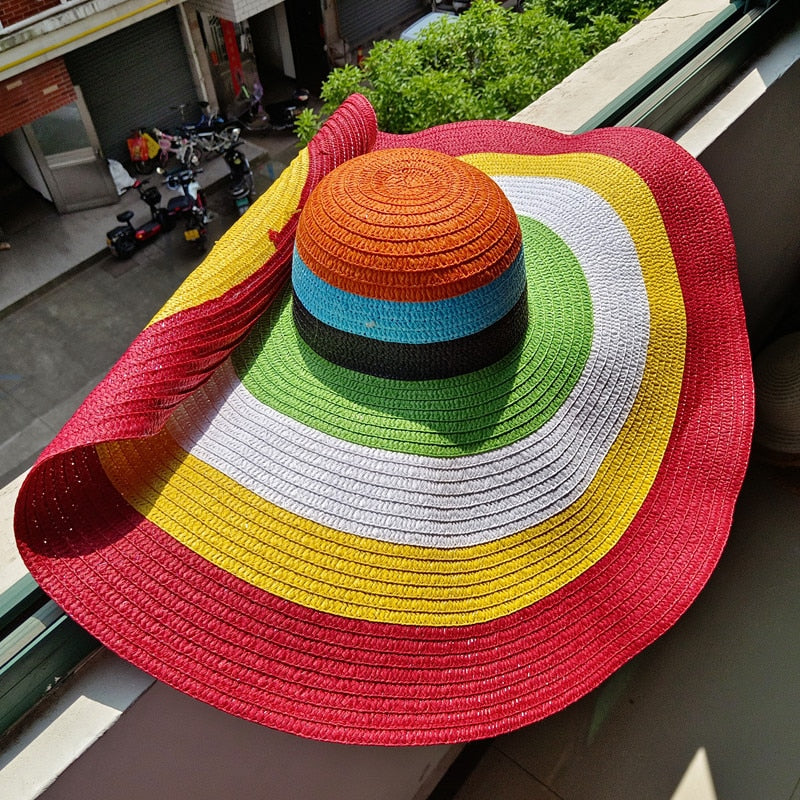 Rainbow striped big brim anti-ultraviolet sunshade sun hat beach sun hat with wire edge can be folded arbitrarily