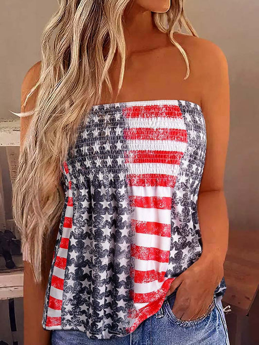 Strapless Bandeau Tank Women American Flag Smocked Off Shoulder Tube Tops Summer Casual Loose Holiday Vest Shirts Blouse 2023