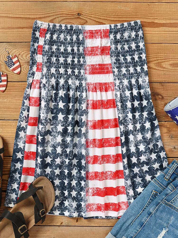 Strapless Bandeau Tank Women American Flag Smocked Off Shoulder Tube Tops Summer Casual Loose Holiday Vest Shirts Blouse 2023