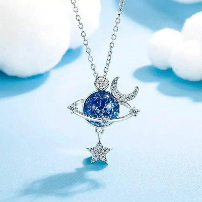 To My Daughter Shiny Zircon Star Moon Pendant Necklace With Card For Women Creative Planet Astronaut Choker Necklace Jewelry