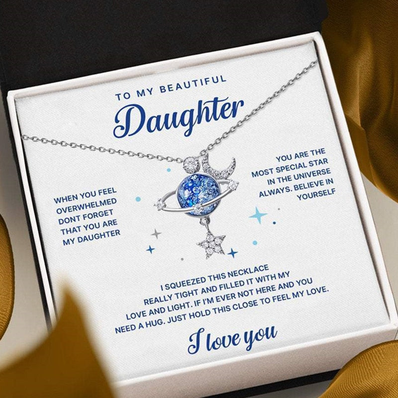 To My Daughter Shiny Zircon Star Moon Pendant Necklace With Card For Women Creative Planet Astronaut Choker Necklace Jewelry