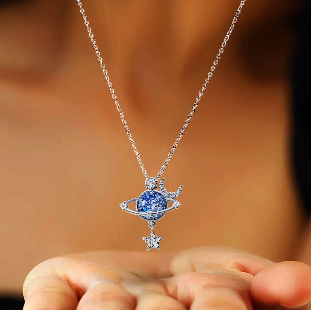 To My Daughter Shiny Zircon Star Moon Pendant Necklace With Card For Women Creative Planet Astronaut Choker Necklace Jewelry