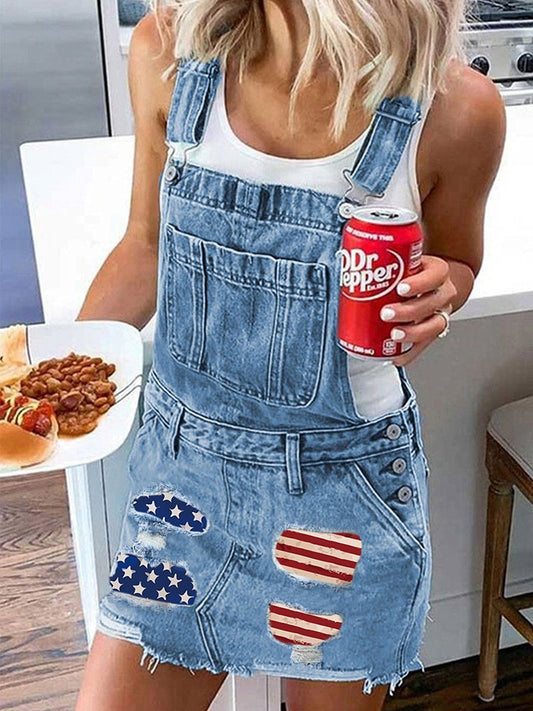 Women Denim Overall Dress Adjustable Strap Pinafore Dress with Pockets Distressed American Flag Patch Independence Day Jumper