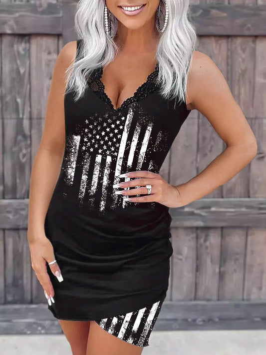 God Bless the USA Women American Flag Lace Splicing Bodycon Dress 2023 Summer Sleeveless Tank Dresses V Neck Slim Fit Short Casual Mini Sundress